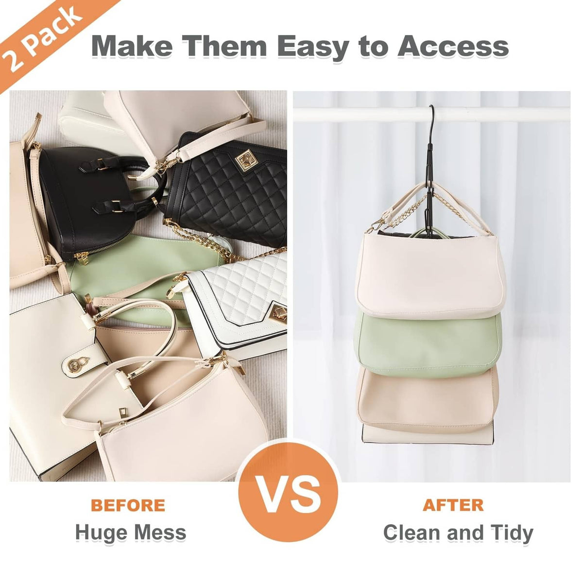 Purse hanger organizer holding handbags neatly, reducing clutter on closet bar