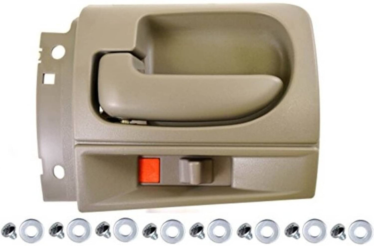 Gray interior door handle with latch button, left driver side; includes screws