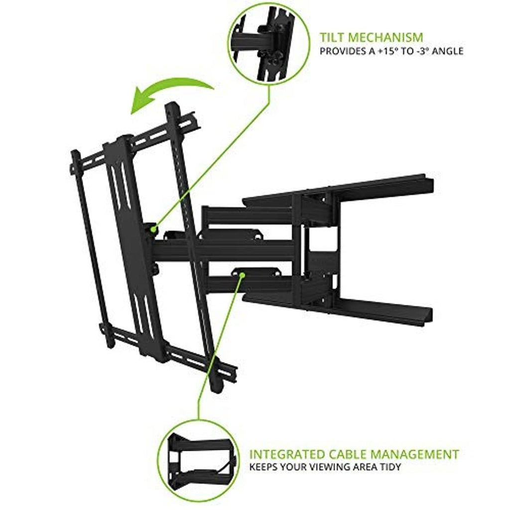 Black TV wall mount bracket showing tilt mechanism and integrated cable-management channel