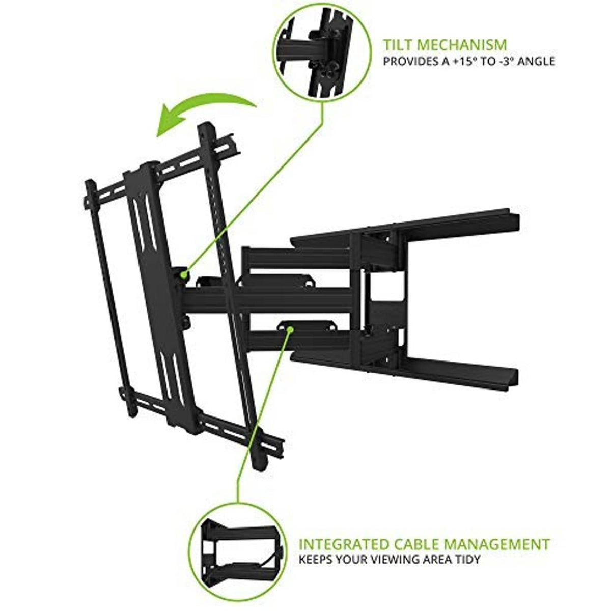 Black TV wall mount bracket showing tilt mechanism and integrated cable-management channel