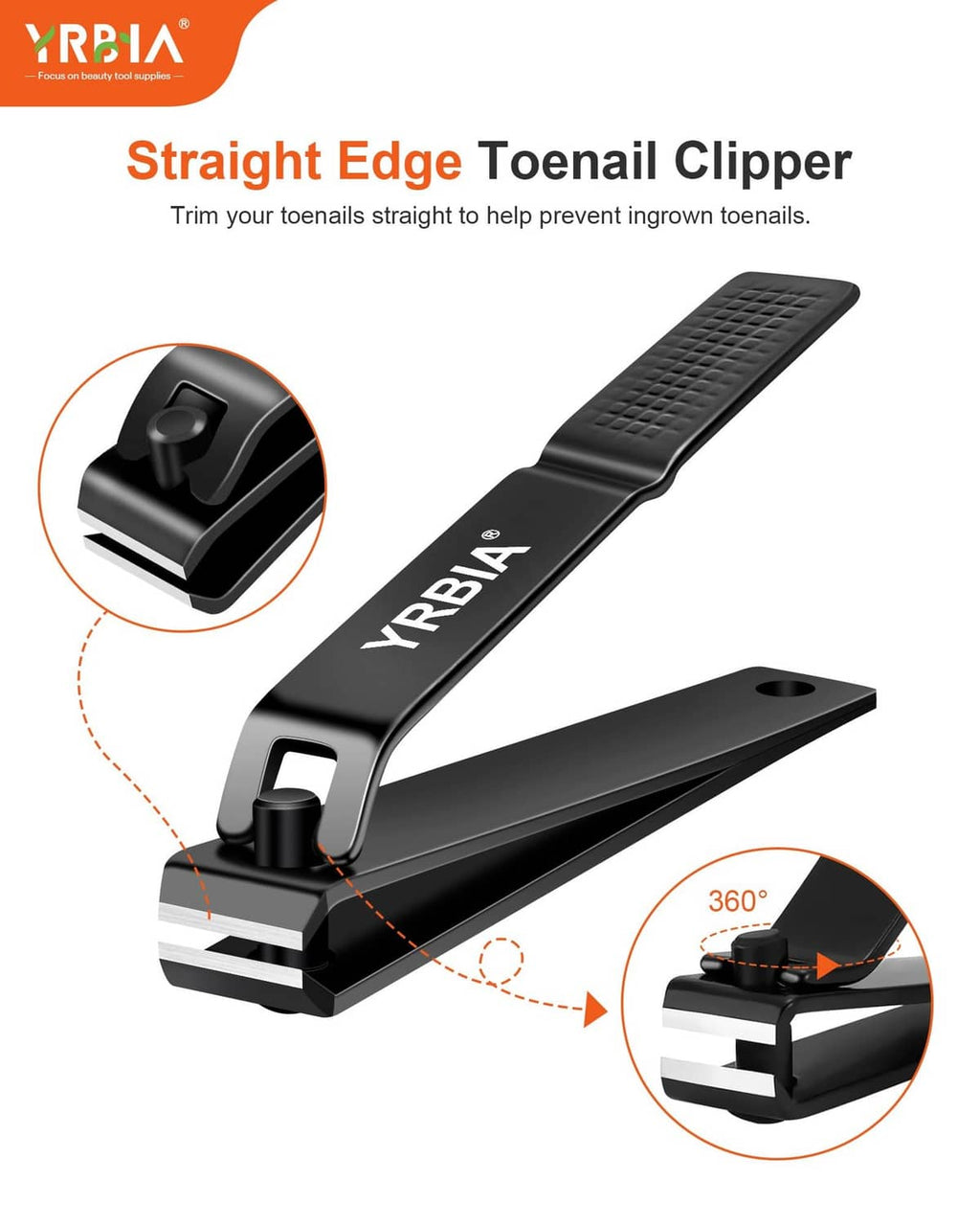 Black straight-edge toenail clipper with textured thumb grip