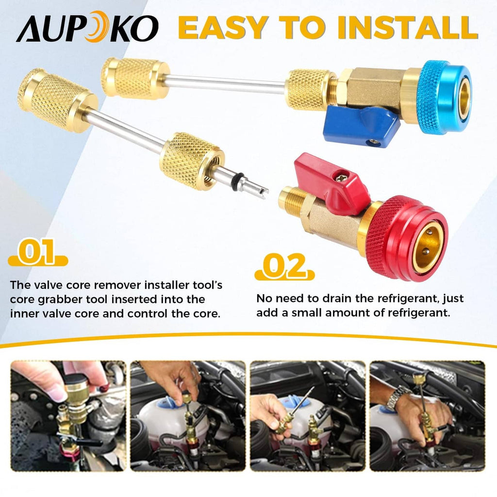 R134A valve core remover/installer kit with long brass tool, red coupler and blue coupler