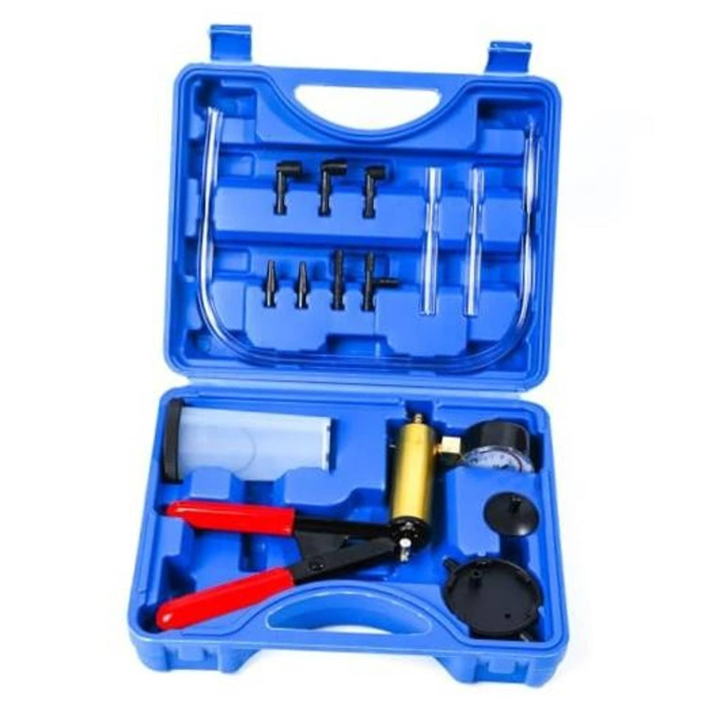 Blue brake bleeder vacuum pump kit with adapters in open hard case
