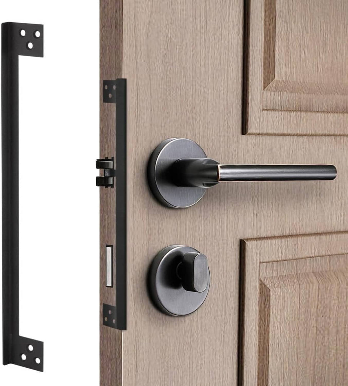 L-shaped door latch guard plate mounted next to handle and lock on a wooden door.