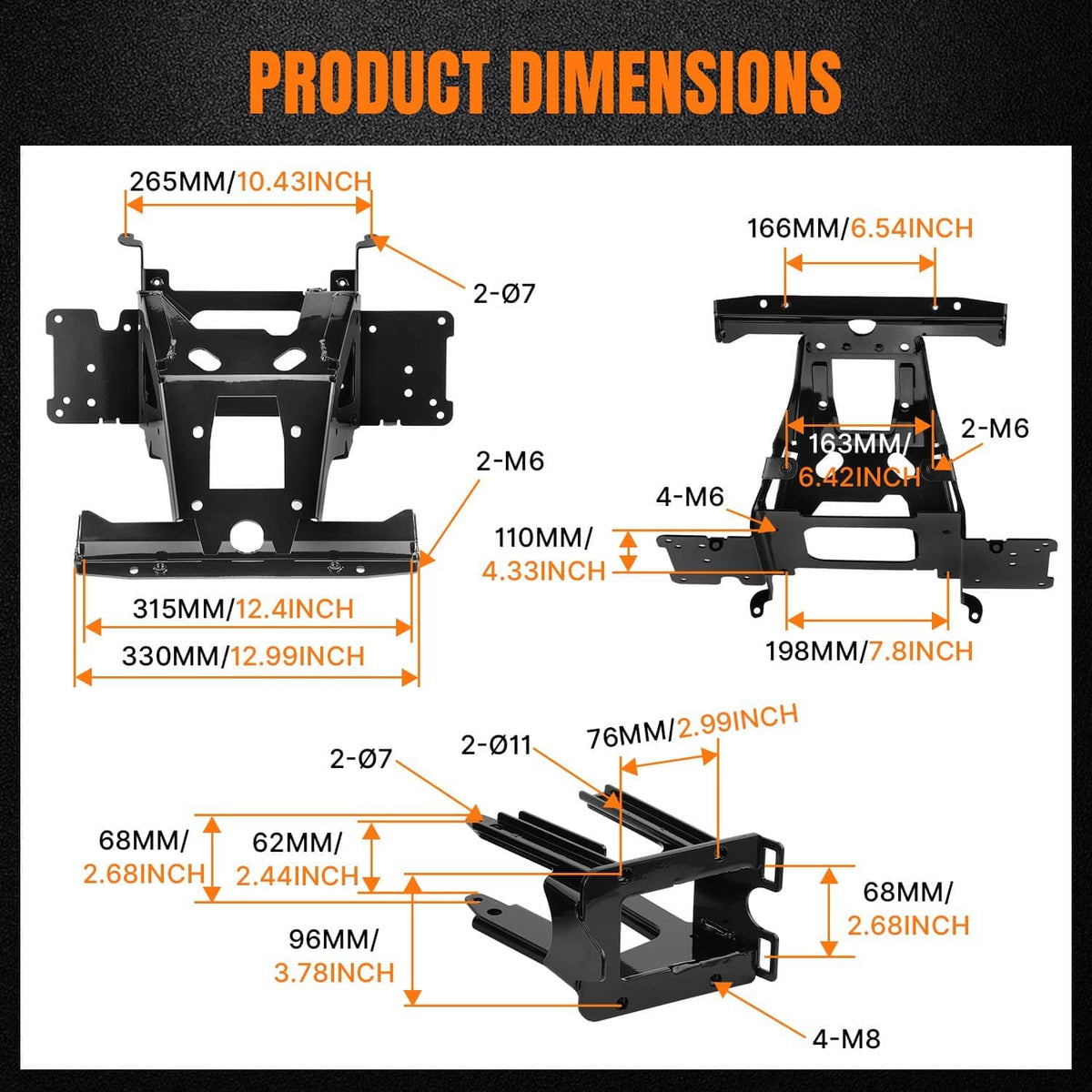 Product dimensions diagram for black radio mount bracket assembly