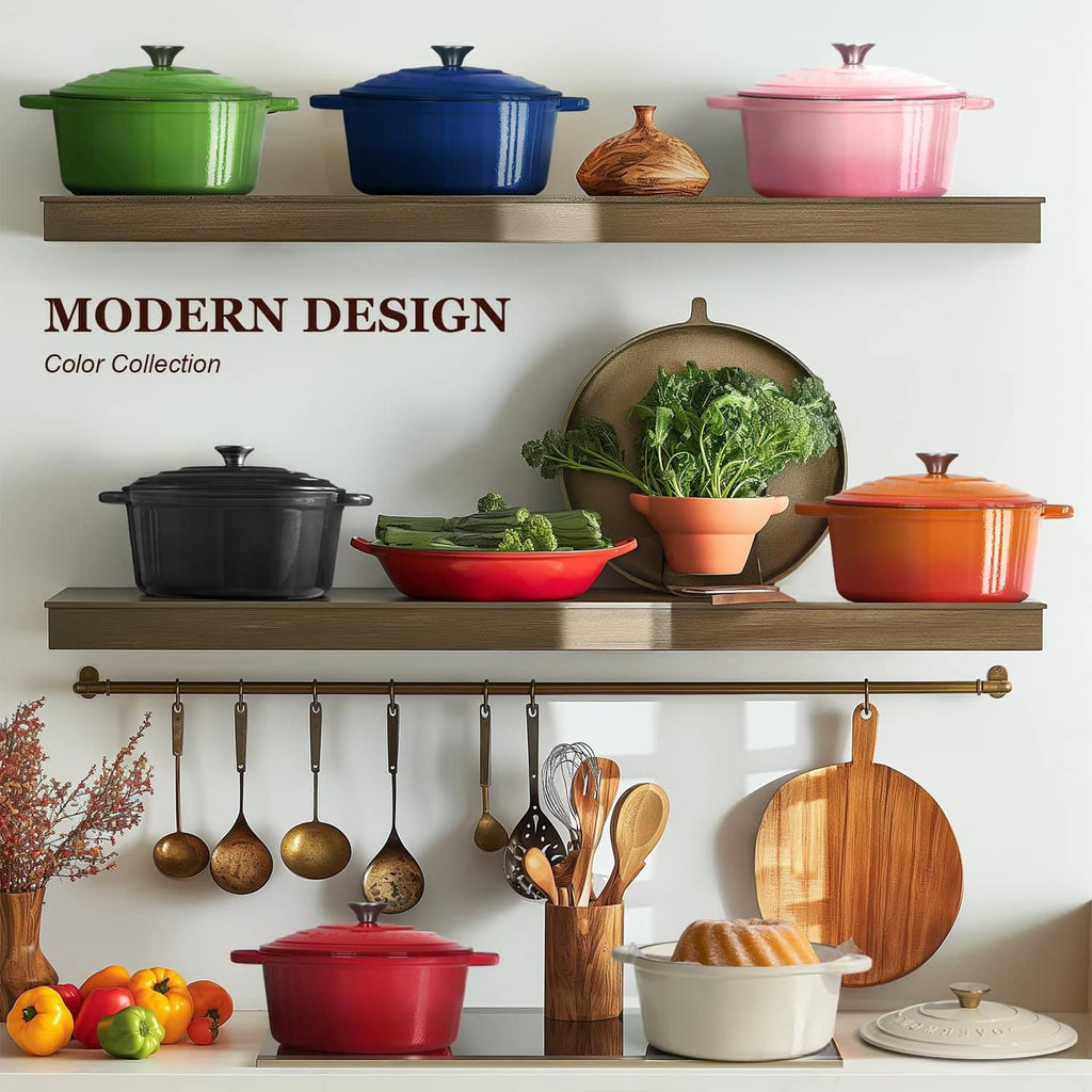 Assorted enameled cast iron Dutch ovens in green, blue, brown, pink, and black