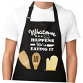 Black apron with printed slogan “Whatever happens we’re eating it” and front pocket