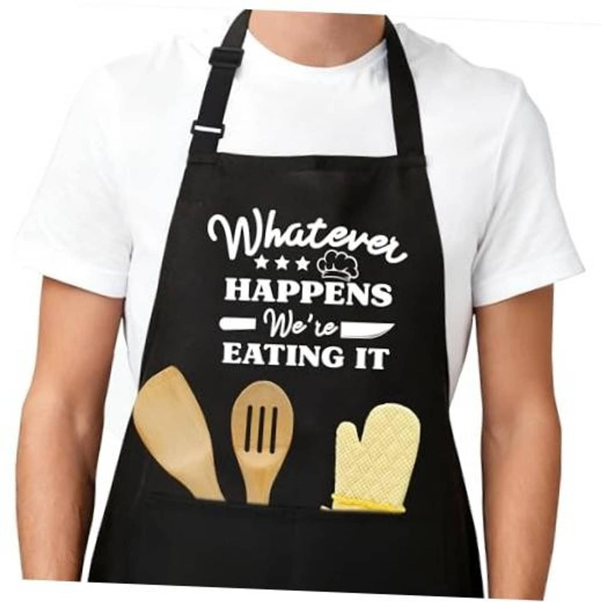 Black apron with printed slogan “Whatever happens we’re eating it” and front pocket