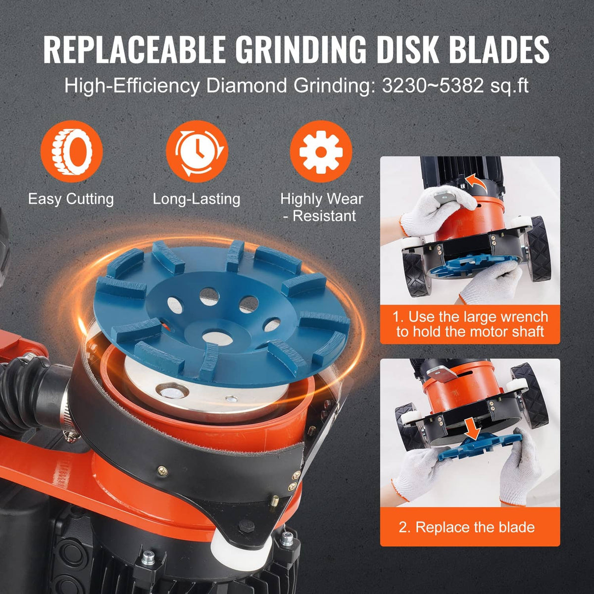 Walk-behind concrete grinder head with blue diamond grinding disk and guards