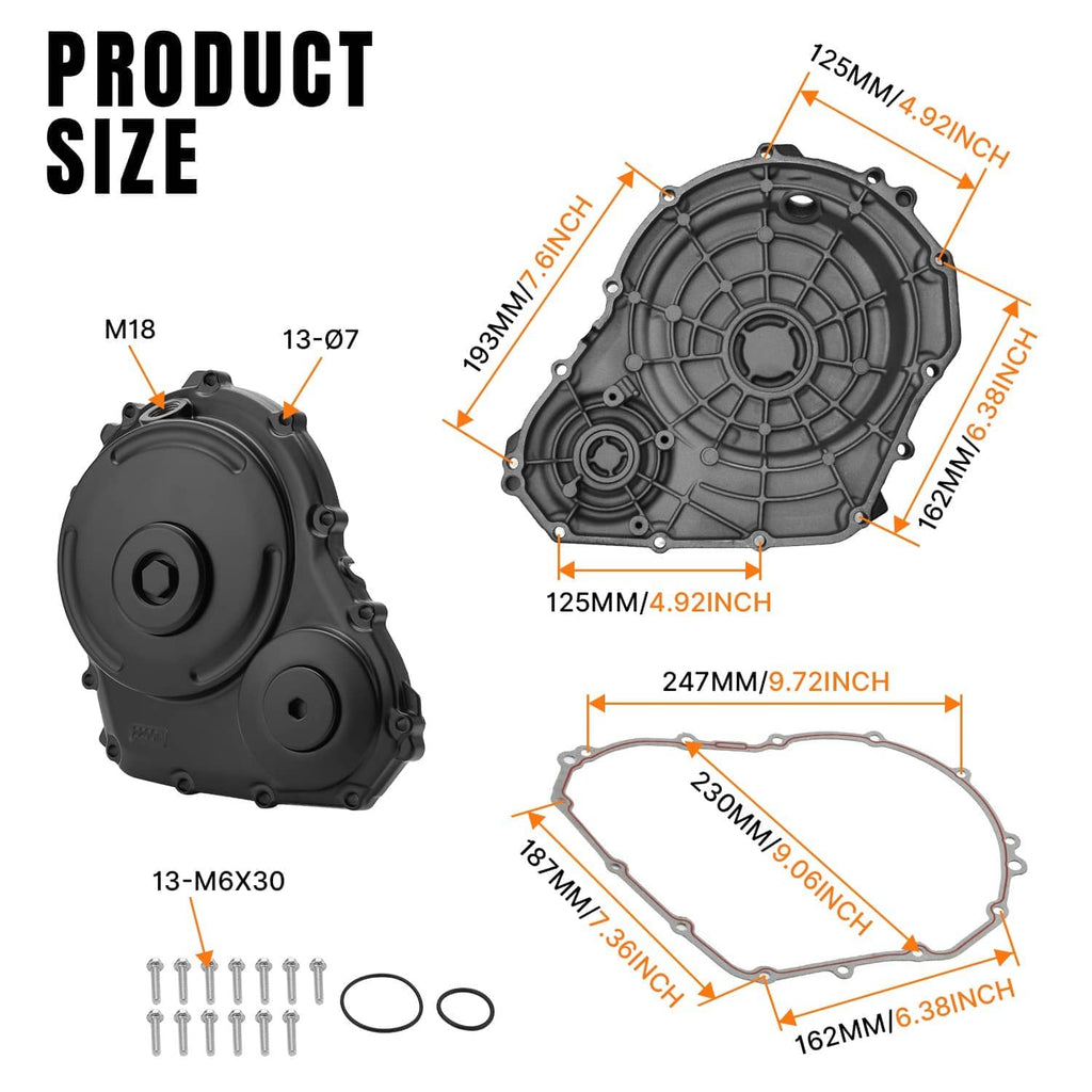 Black crankcase cover and gasket kit with size diagram and fasteners