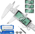 Digital caliper tool with stainless steel scale and extra-large green LCD display