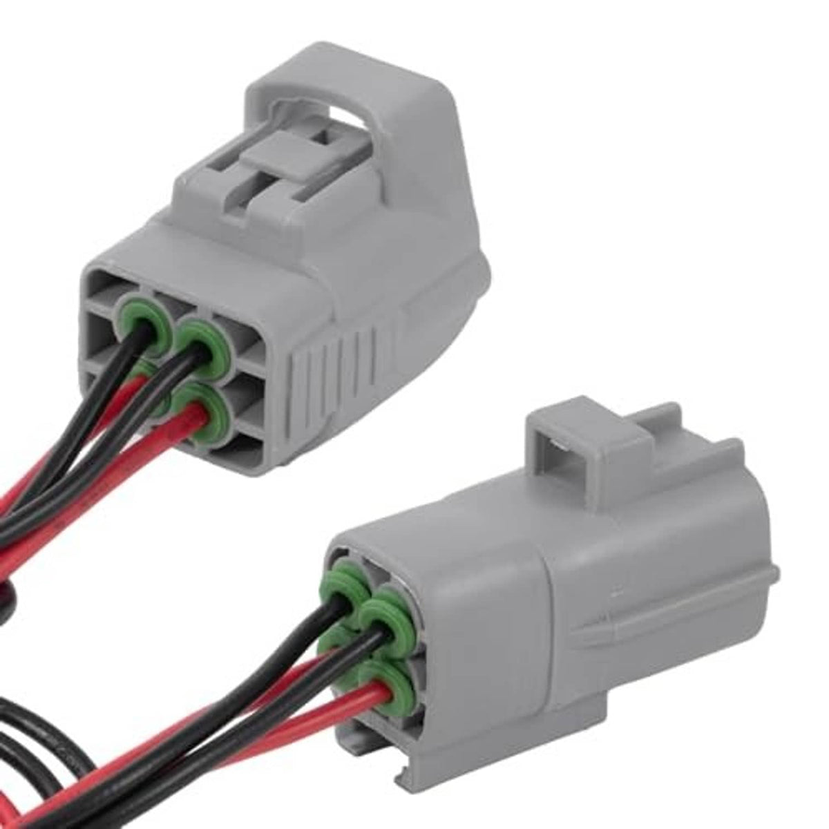 Set of gray 4-pin EFI connector plugs with green-highlighted contacts and red/black wires