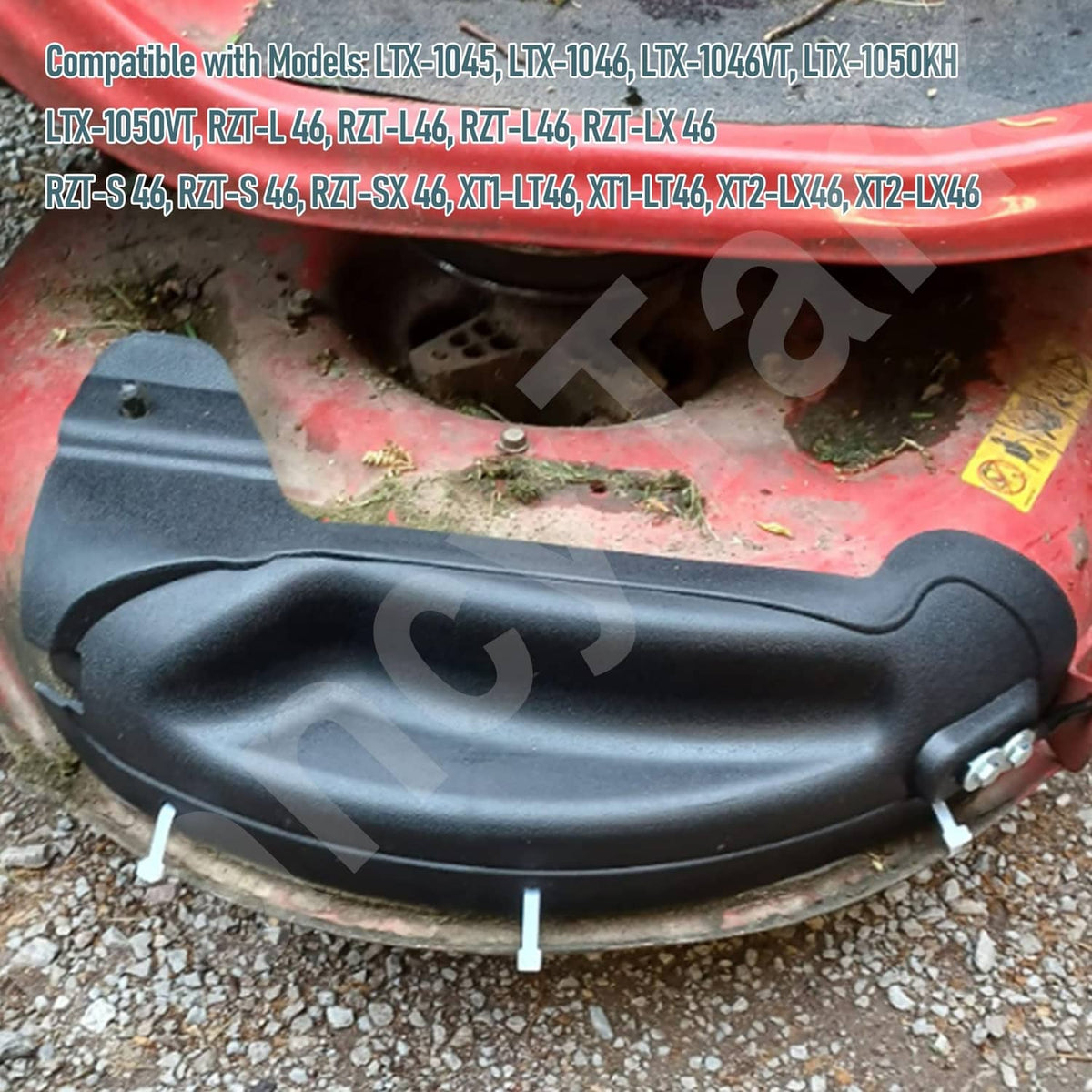 Black mulch plug cover mounted on mower deck opening with two support pins