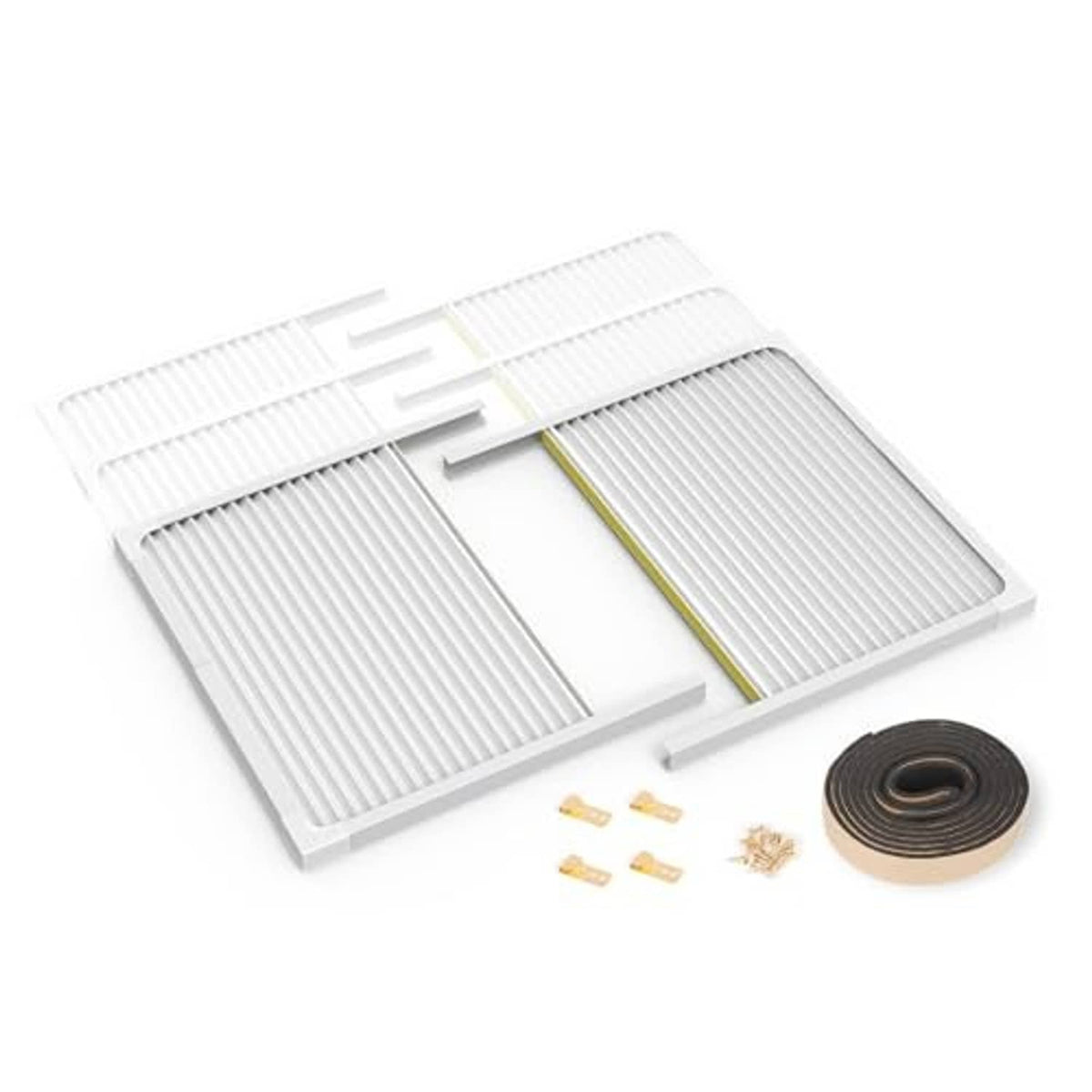 White window AC side panels with adjustable frame, roll seal strip, and mounting screws