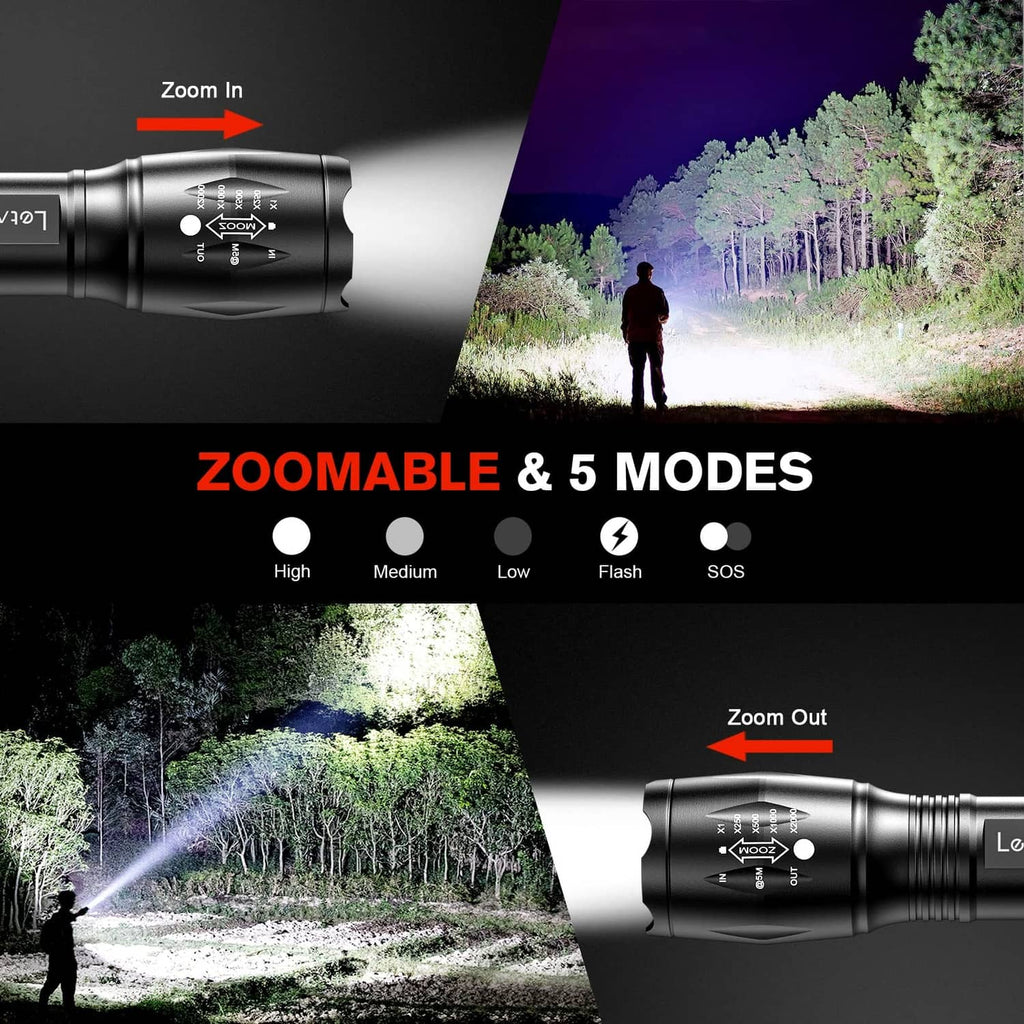 Black tactical LED flashlight showing zoom head and light beam