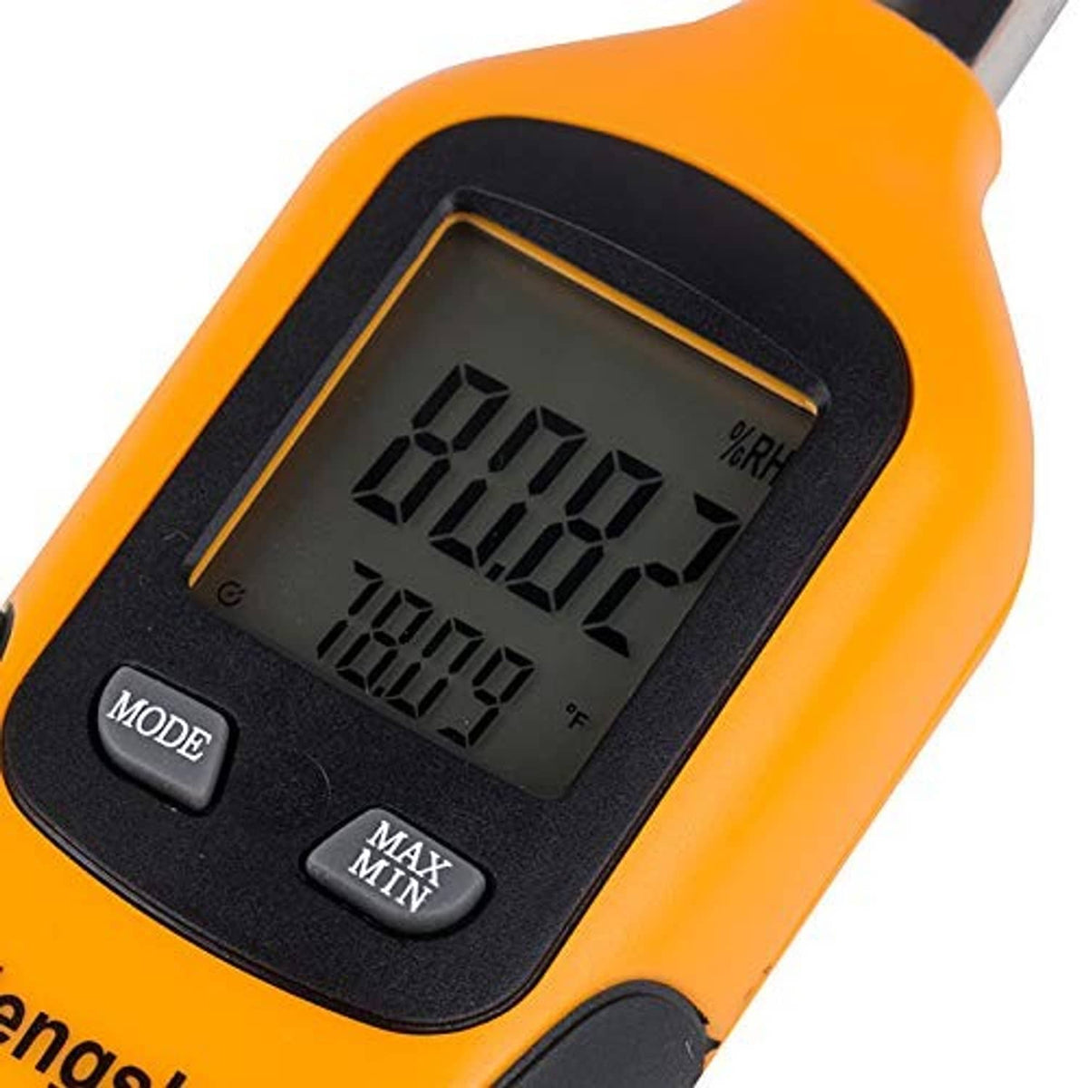 Close-up LCD on orange handheld digital psychrometer, showing humidity % and temperature