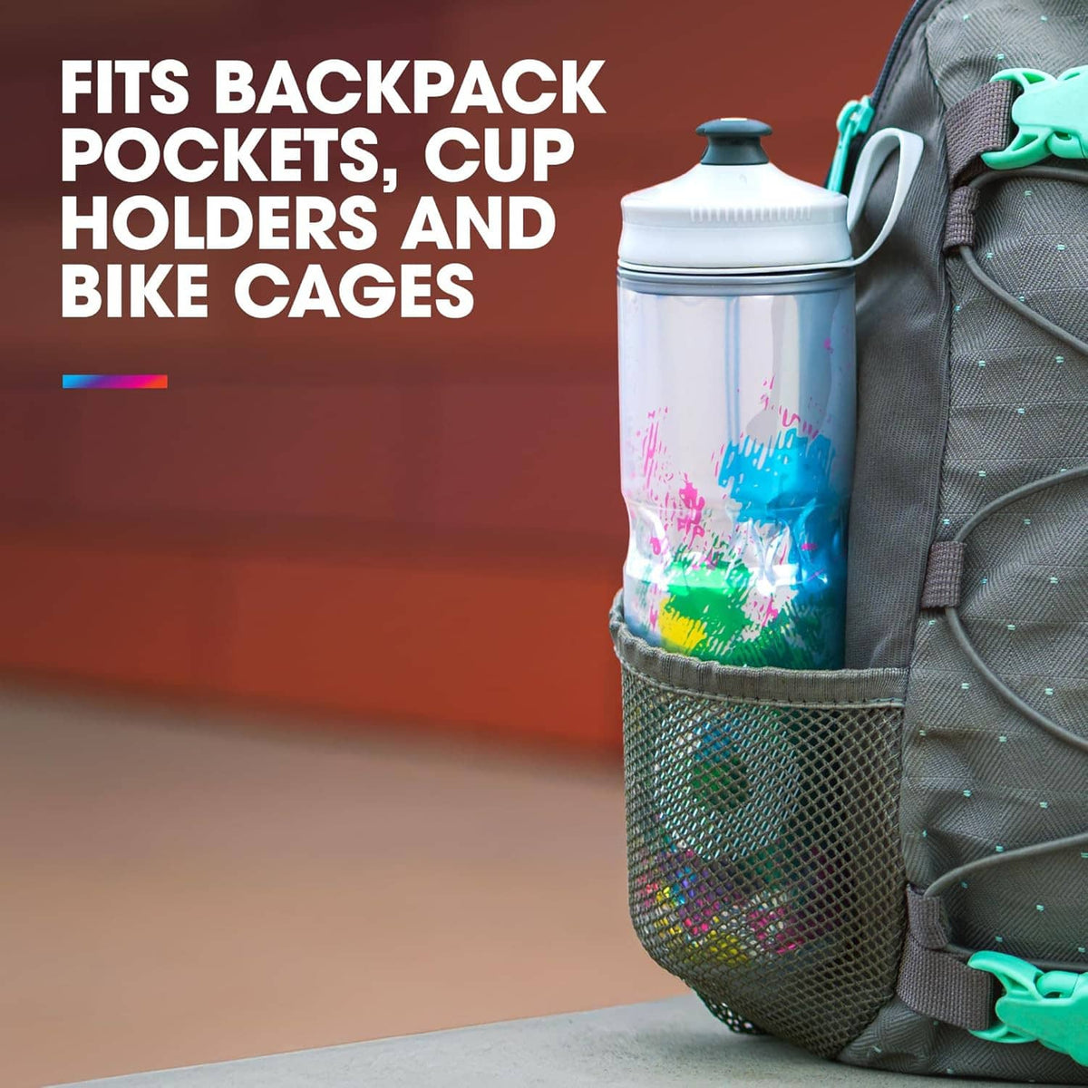Insulated sport water bottle with blue camo print and white handle, tucked in backpack pocket