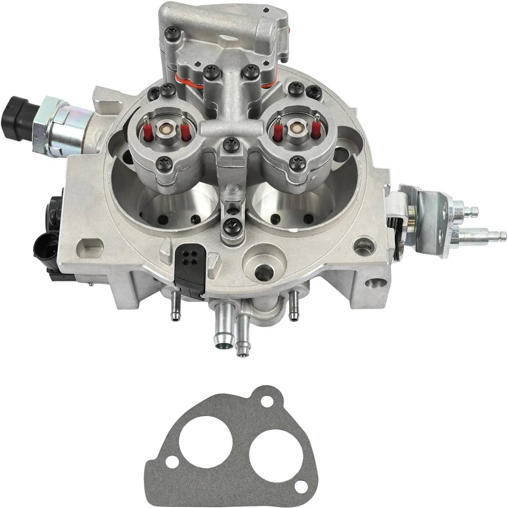 Throttle body with fuel injector assembly, silver housing with mounting gasket and ports