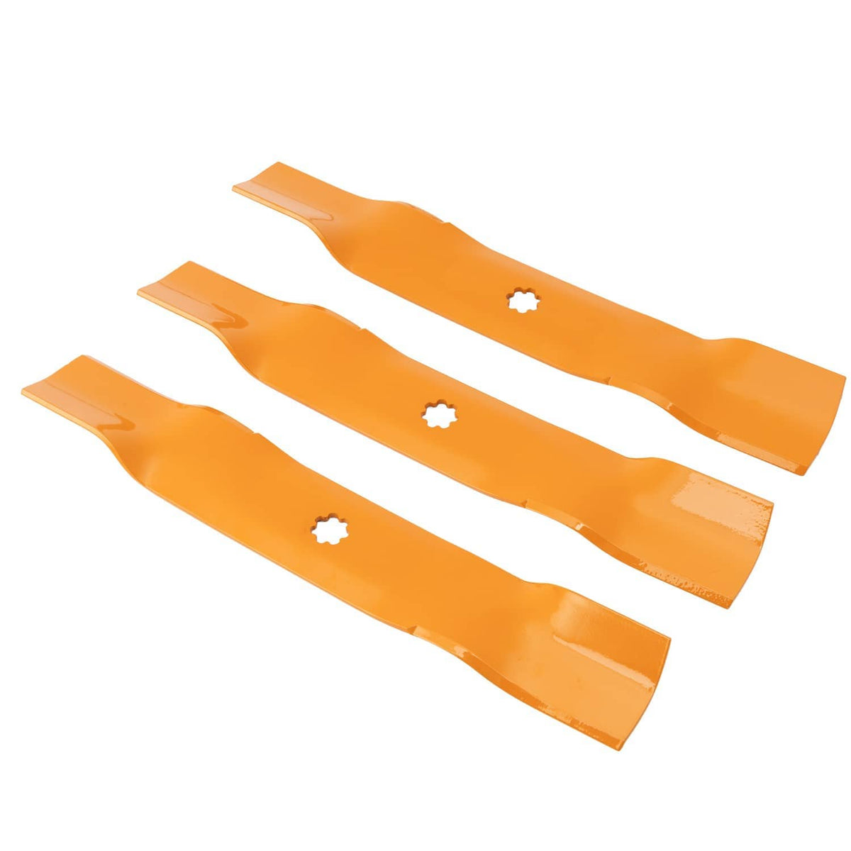 Set of four orange mower deck blades with bolt holes
