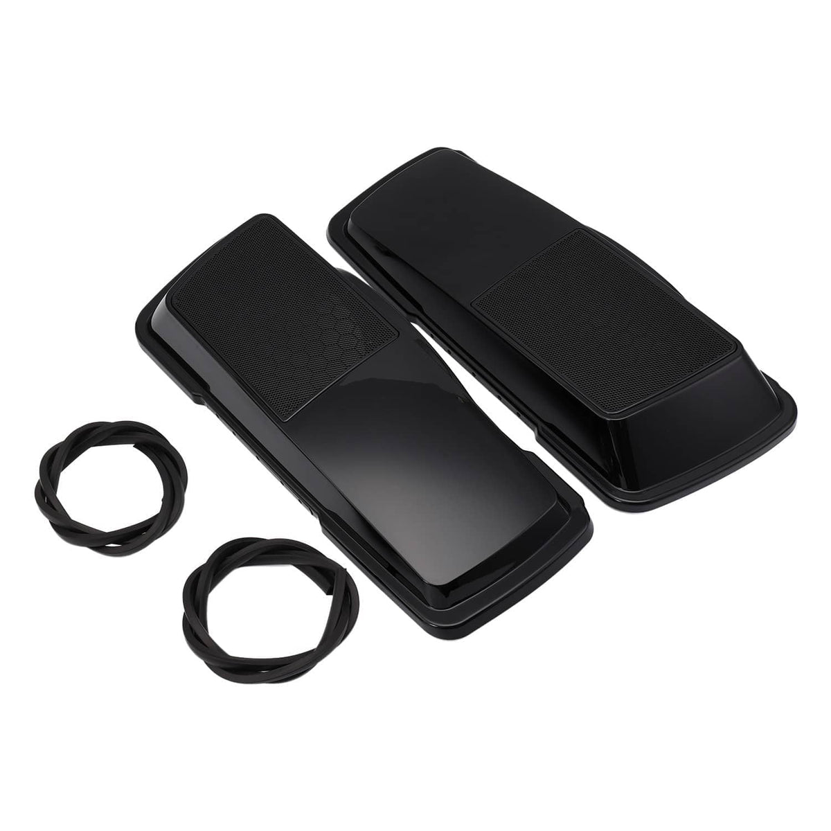 Black ABS saddlebag speaker lid covers with mesh grille, two-piece set