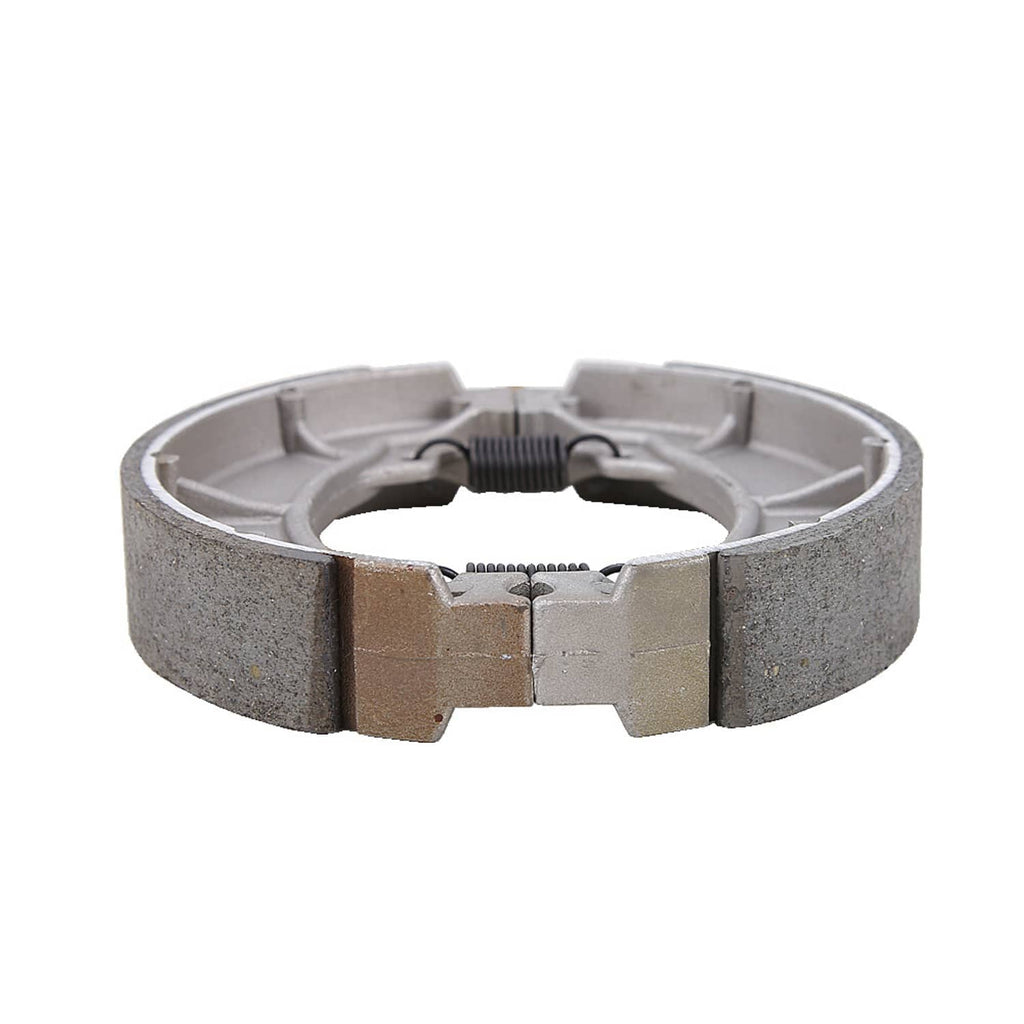 Rear brake shoes set with dark brake lining and metal backing hardware