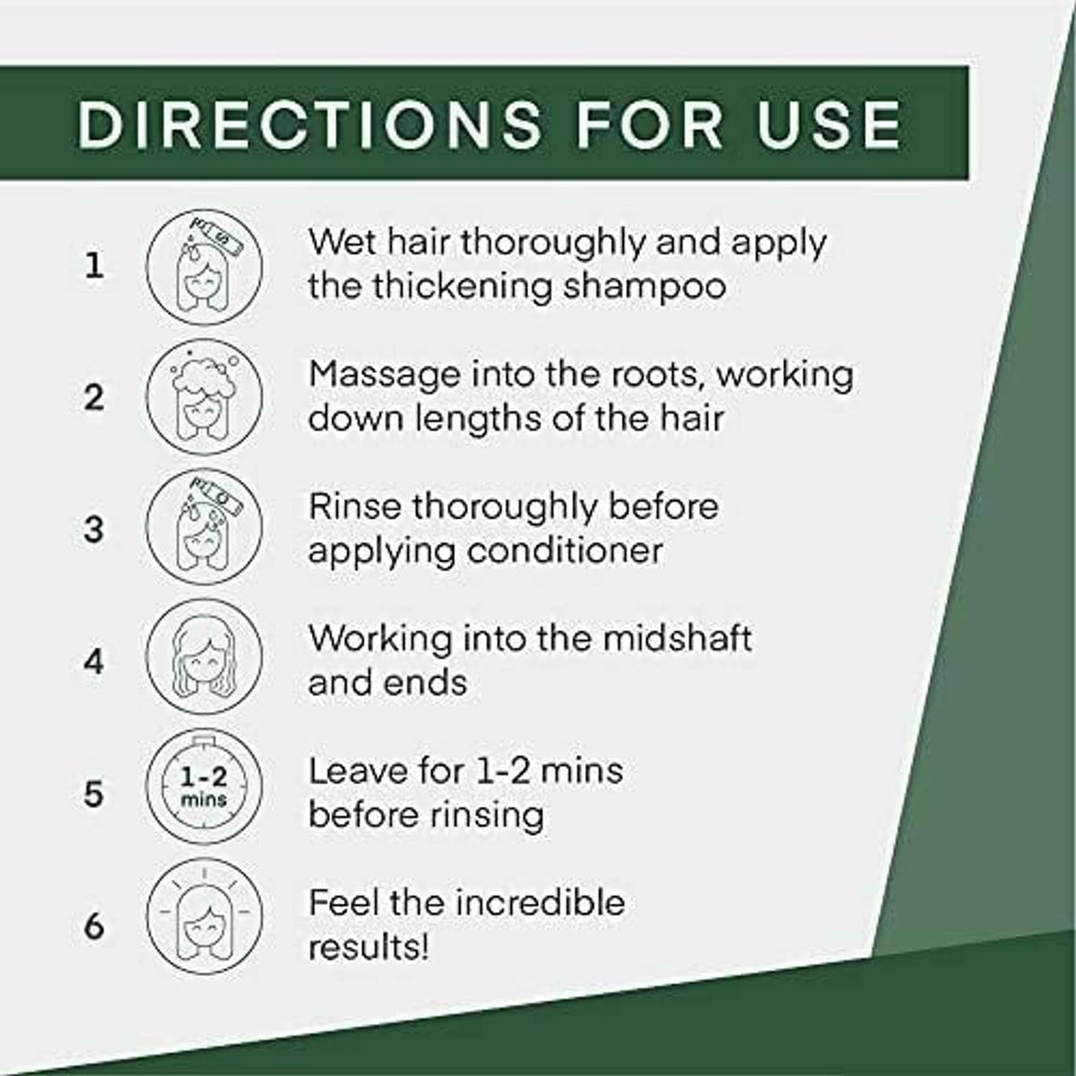 Thickening shampoo and conditioner directions panel with step icons