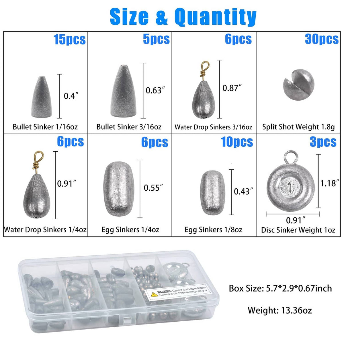 Assorted grey fishing sinker shapes including bullet, egg, drop, and disc types