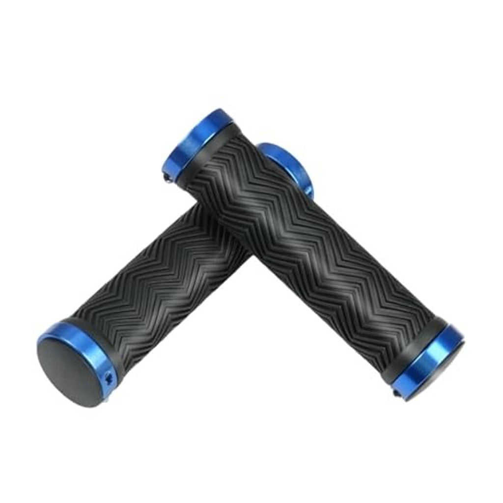 Lock-on bike handlebar grips pair, black textured rubber with blue aluminum end caps.
