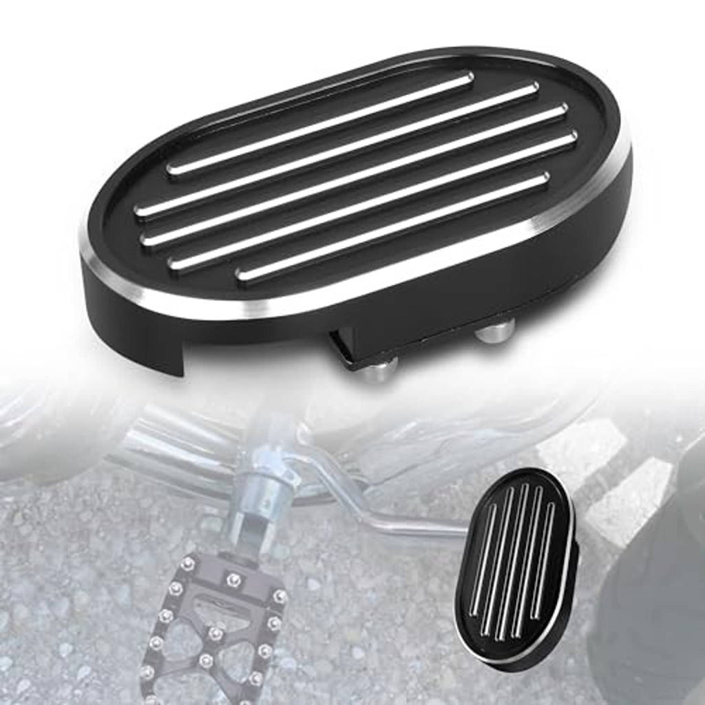 Black grooved oval brake pedal pad cover with silver edge trim and mounting tab