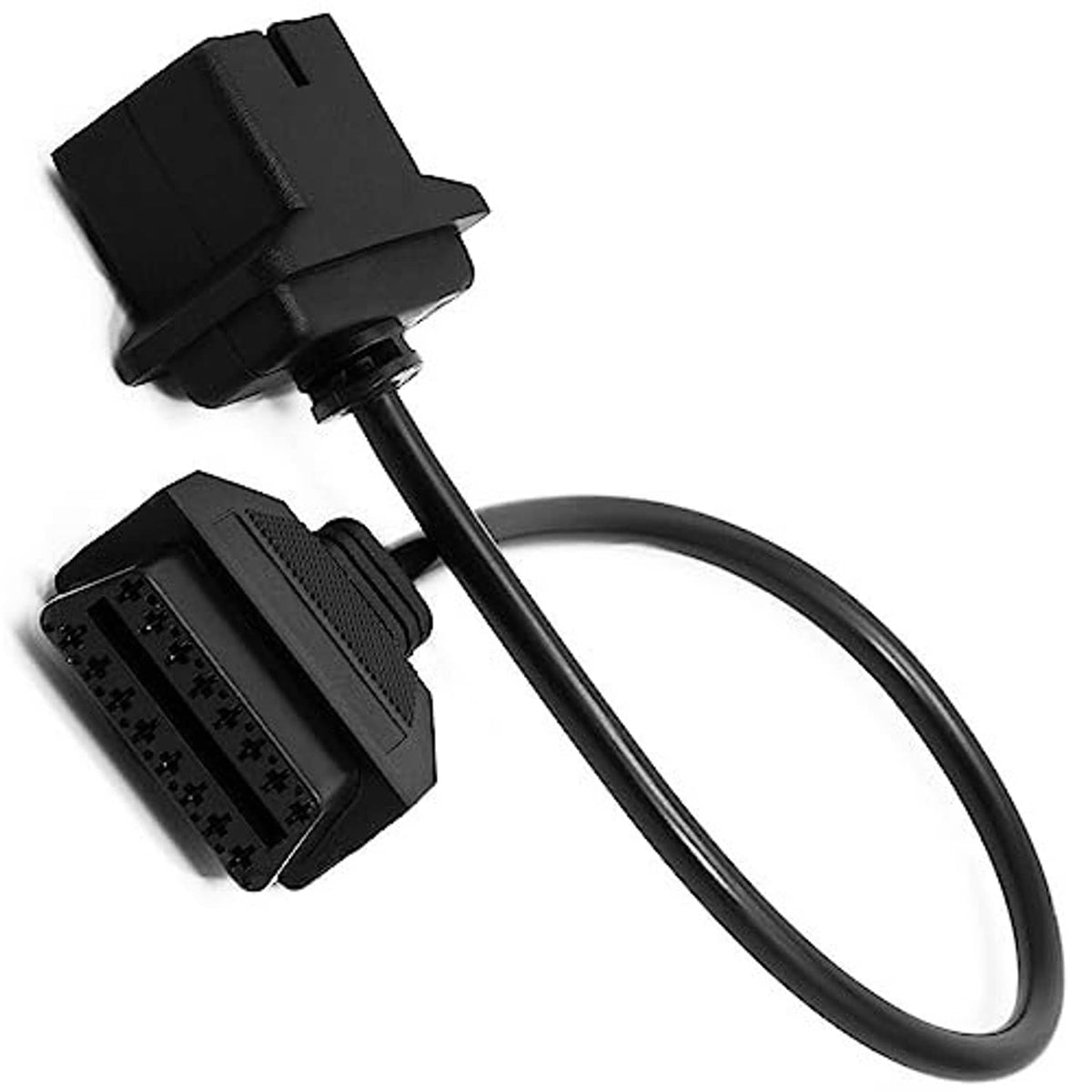 Black OBD adapter cable with close-up 16-pin style connector socket end