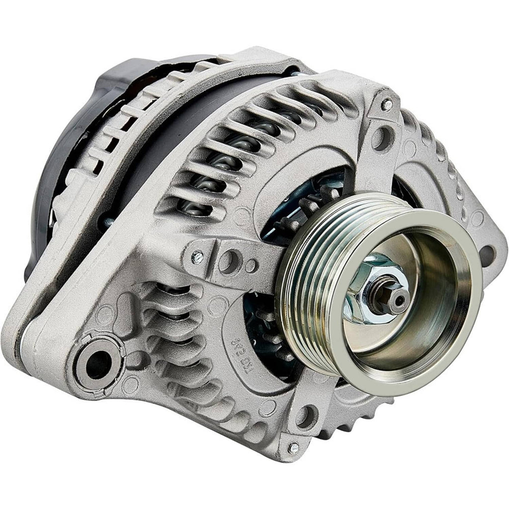 Silver alternator angled view with ribbed pulley and vented housing, exposed internal components