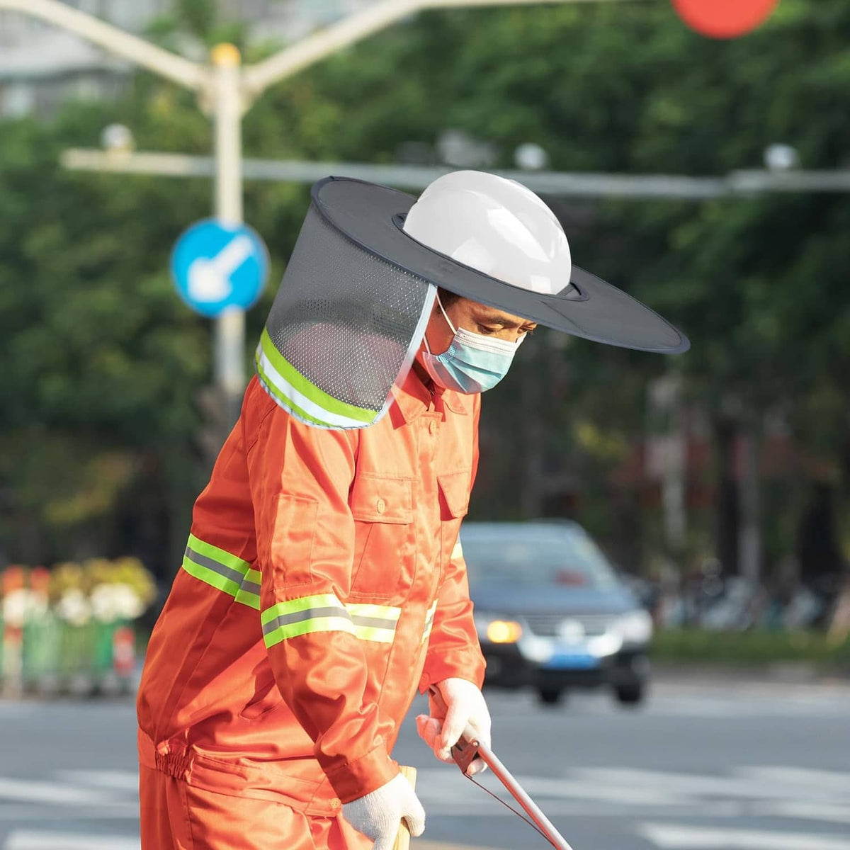 Grey hard hat sun shield mesh hat with reflective strip on neck shade