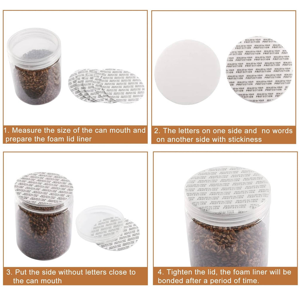Foam lid liner discs with placement steps shown in labeled panels