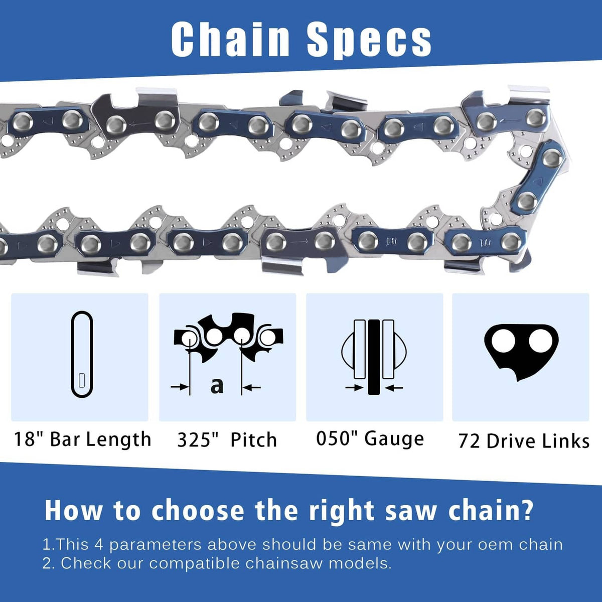 Chainsaw chain with riveted cutting links on a bar, dark blue and silver