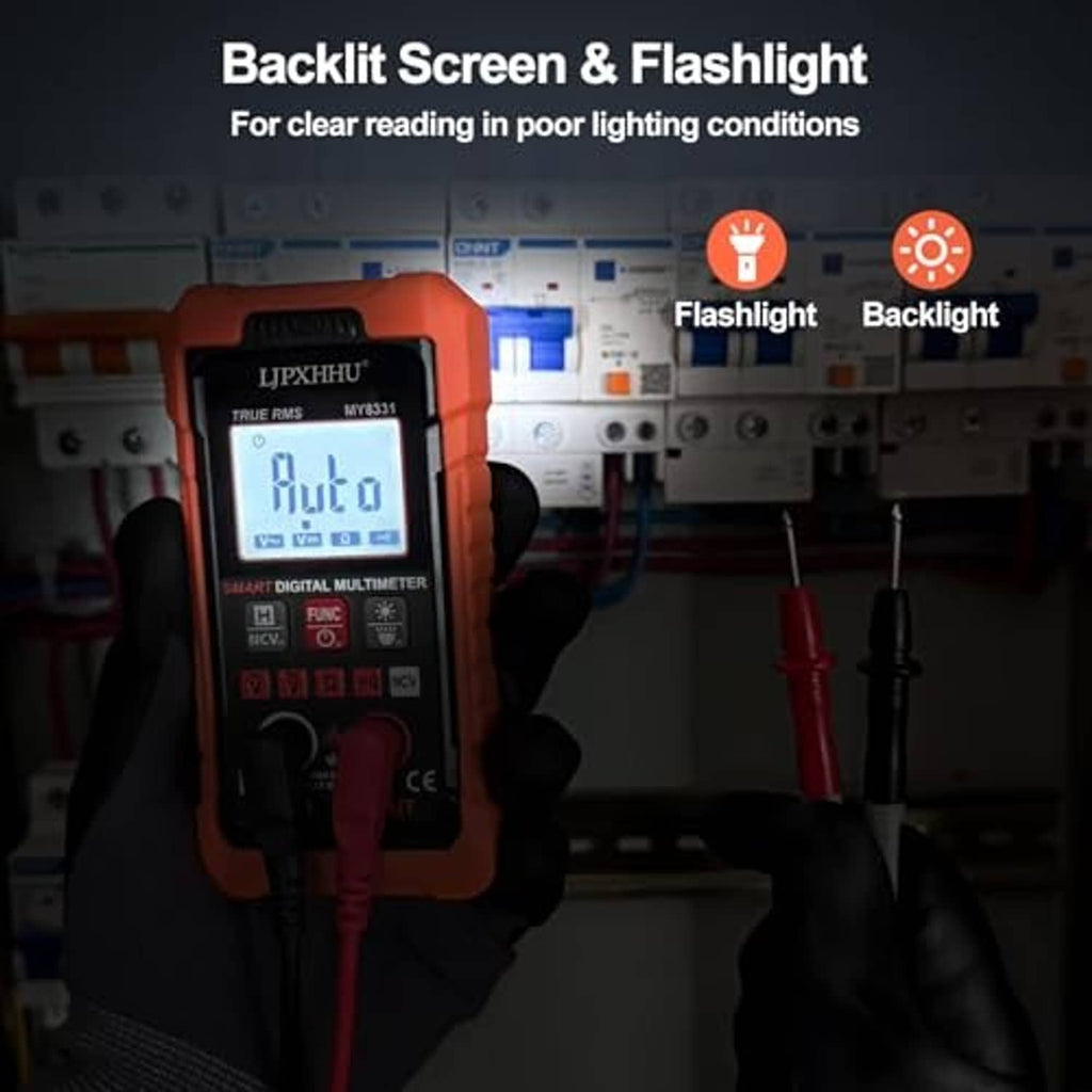 Orange digital multimeter with backlit screen and flashlight feature visible