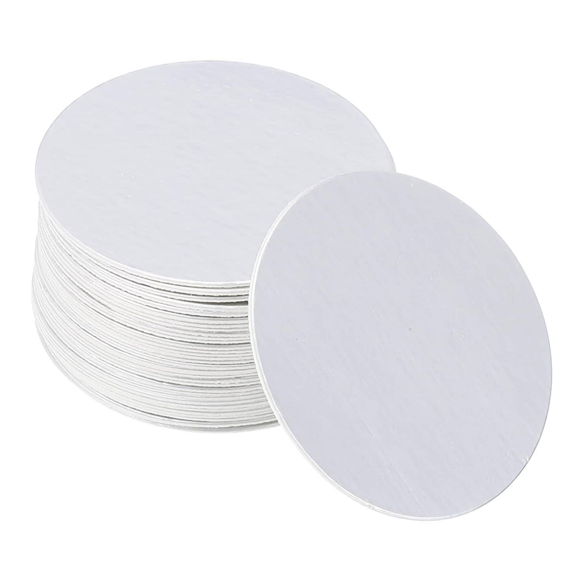 Aluminum bottle cap liners stack, round silver discs, 55mm