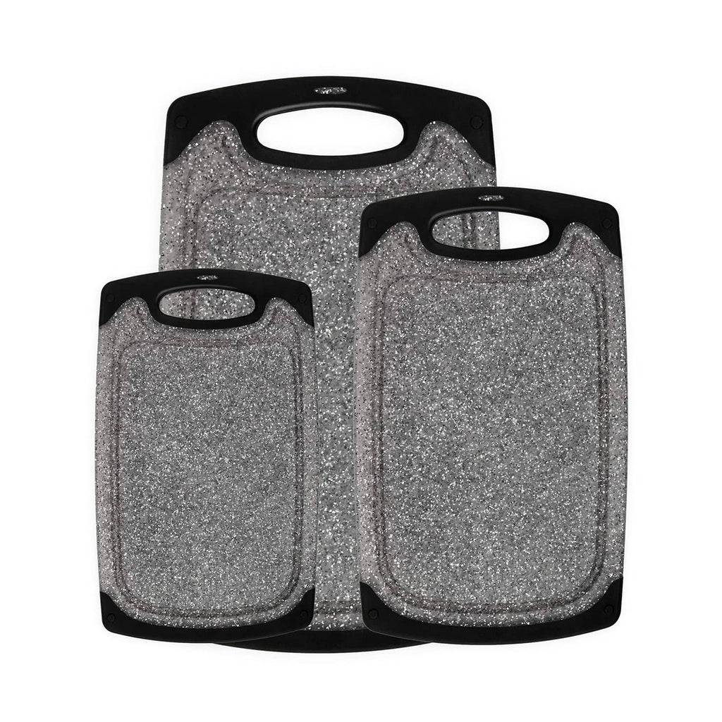 Set of 3 gray speckled plastic cutting boards with black handles and rounded corners