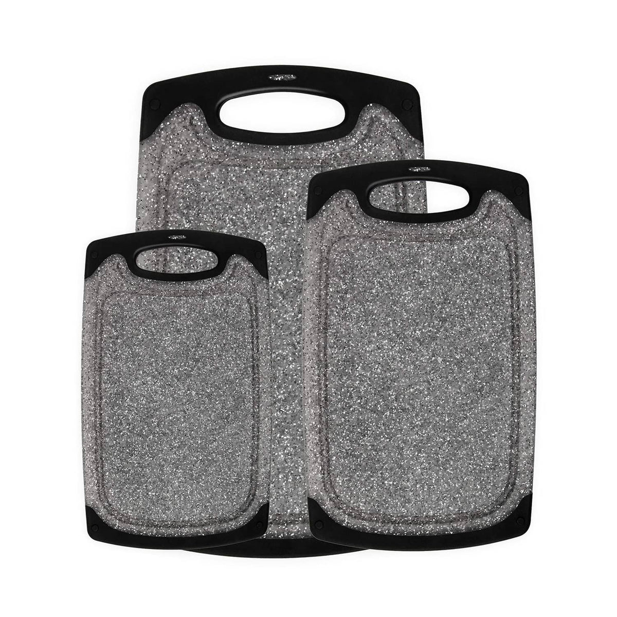 Set of 3 gray speckled plastic cutting boards with black handles and rounded corners
