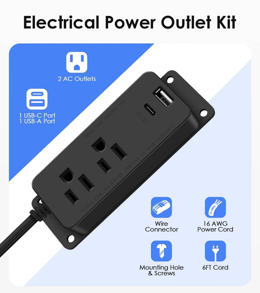 Black electrical power outlet kit with AC sockets and USB-C and USB-A ports