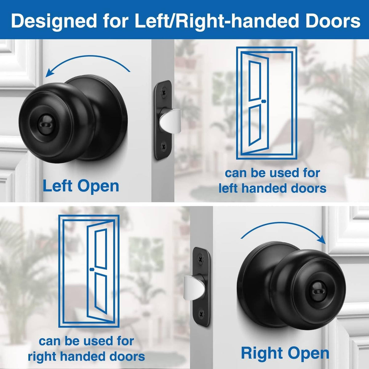 Matte black privacy door knob, designed for left- or right-opening doors