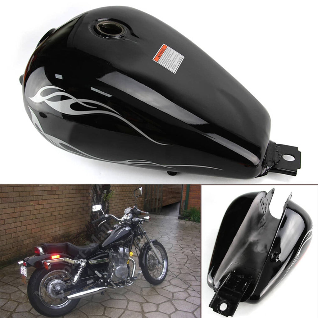 Black motorcycle fuel tank with silver flame decals and mounting bracket tabs, fuel cap
