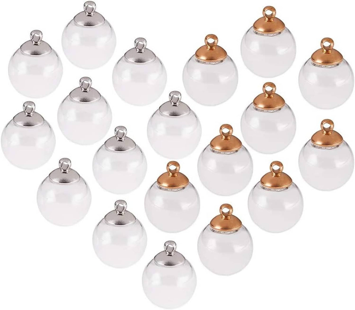 Set of mini empty clear glass globe bottles with metal caps, silver and copper tones