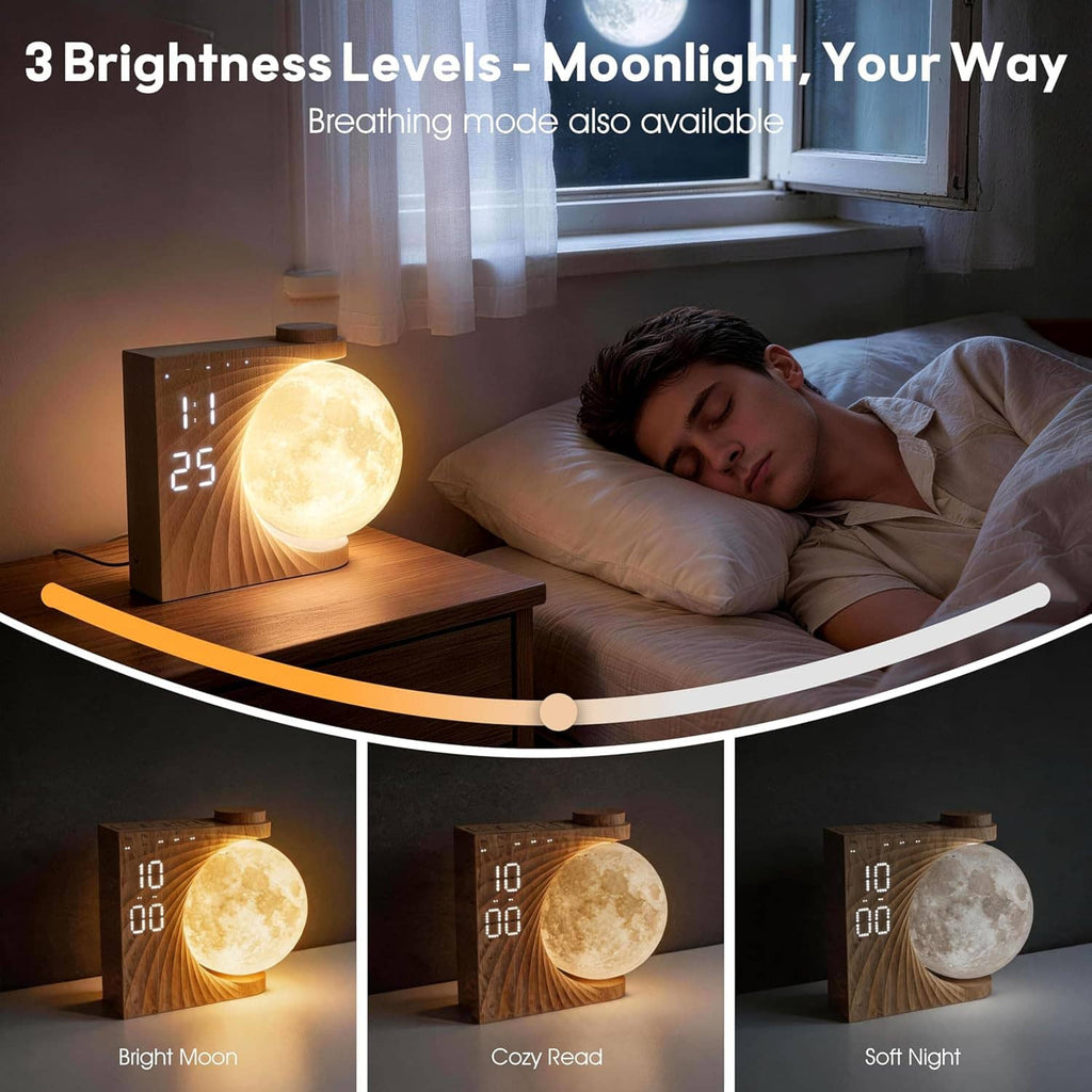 Wooden moon alarm clock casting warm moonlight on bedside table
