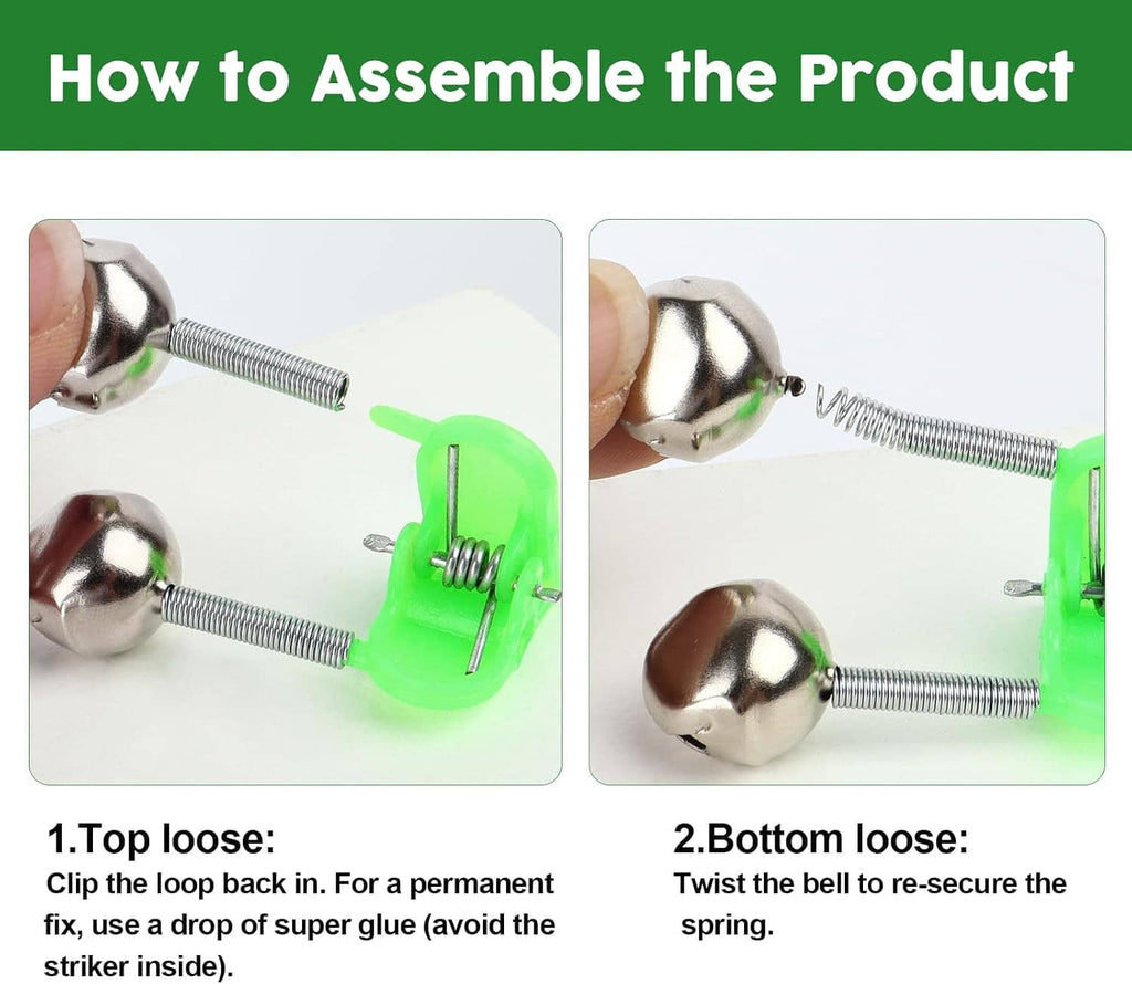 Fishing rod bite alarm bells assembled with springs and green mounting clips