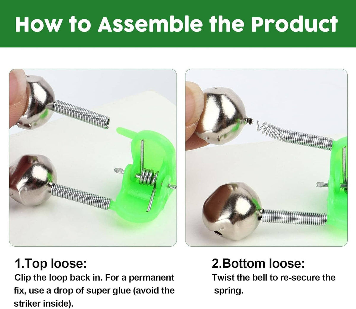 Fishing rod bite alarm bells assembled with springs and green mounting clips