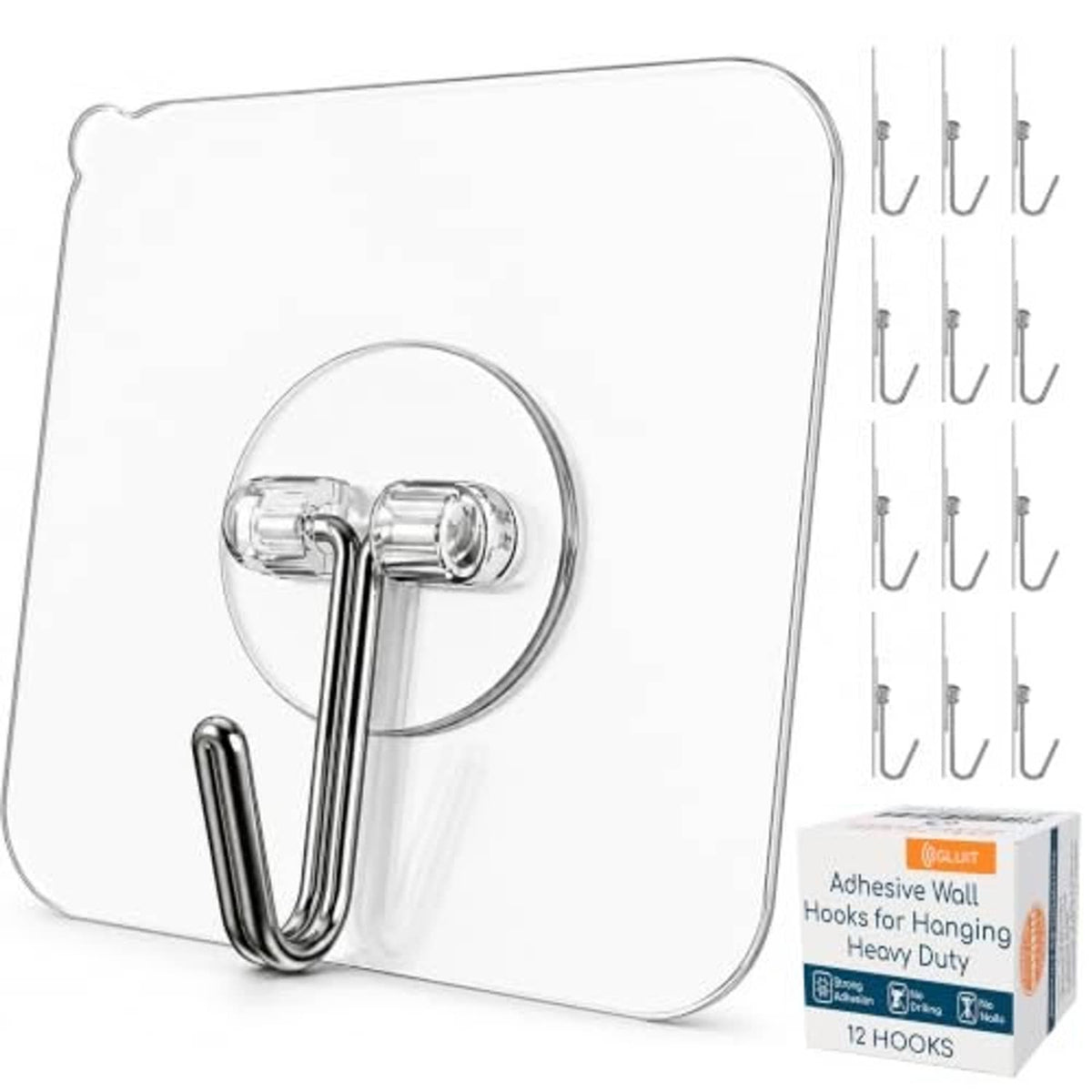 Set of clear adhesive wall hooks with stainless-steel double hooks and 12-pack box