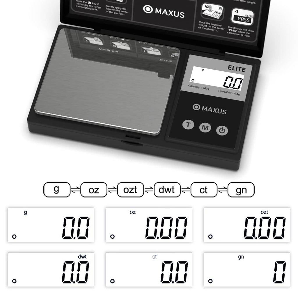 Compact matte black digital gram scale with gray platform and unit conversion display
