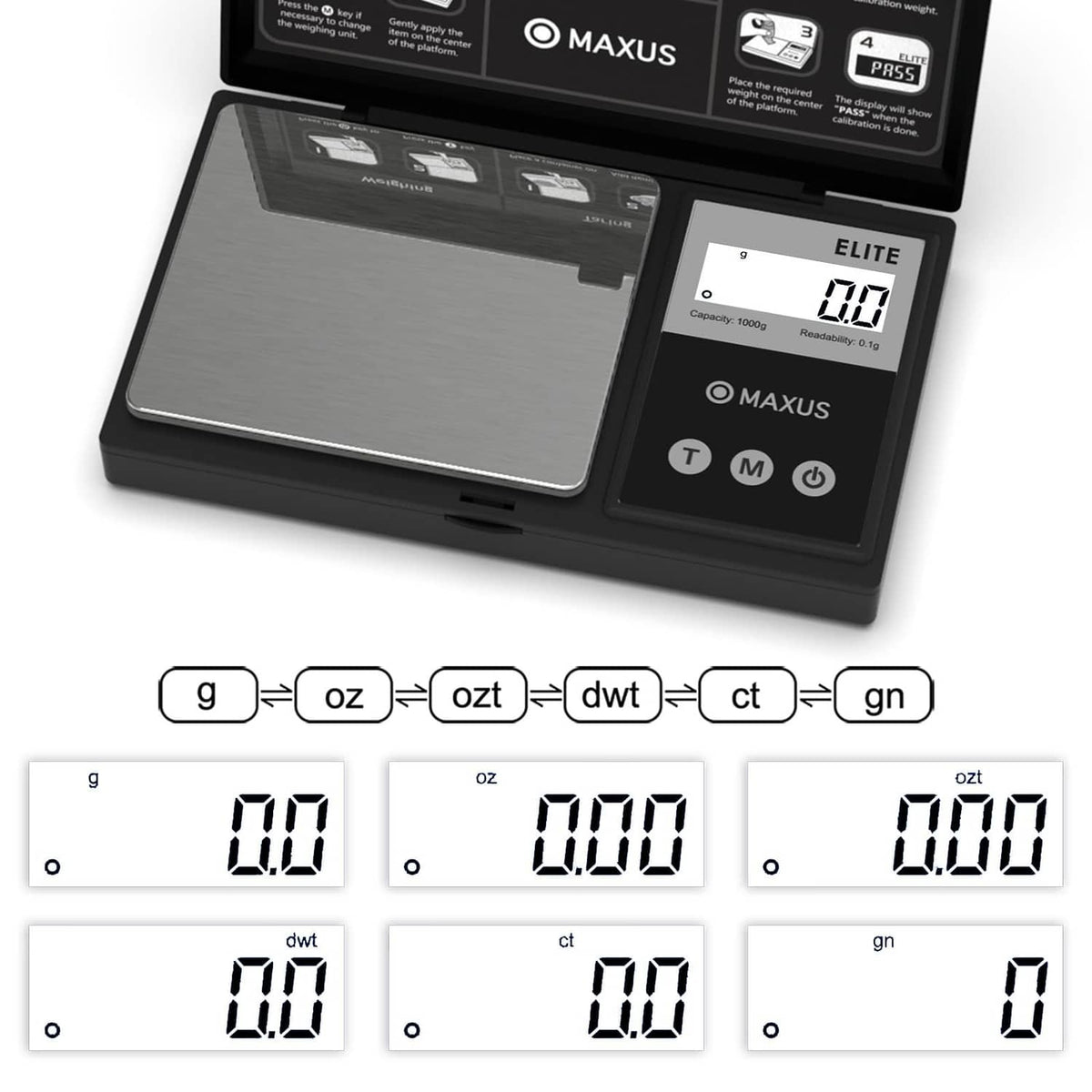 Compact matte black digital gram scale with gray platform and unit conversion display