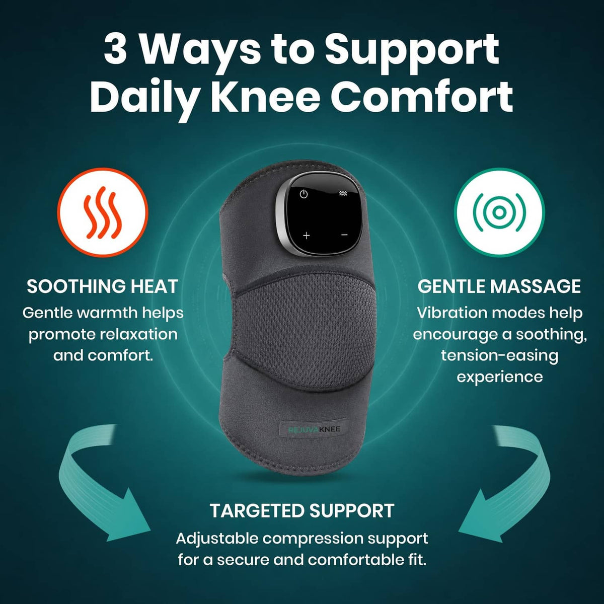 Grey knee support massager with black control device on top