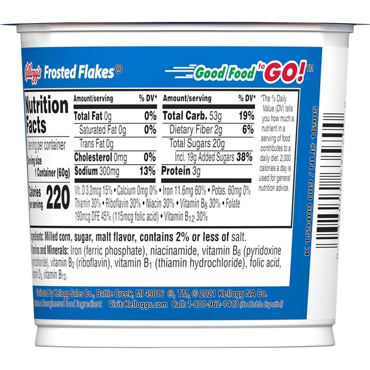 Cereal cup side panel with Nutrition Facts and 'Good Food' to GO! seal